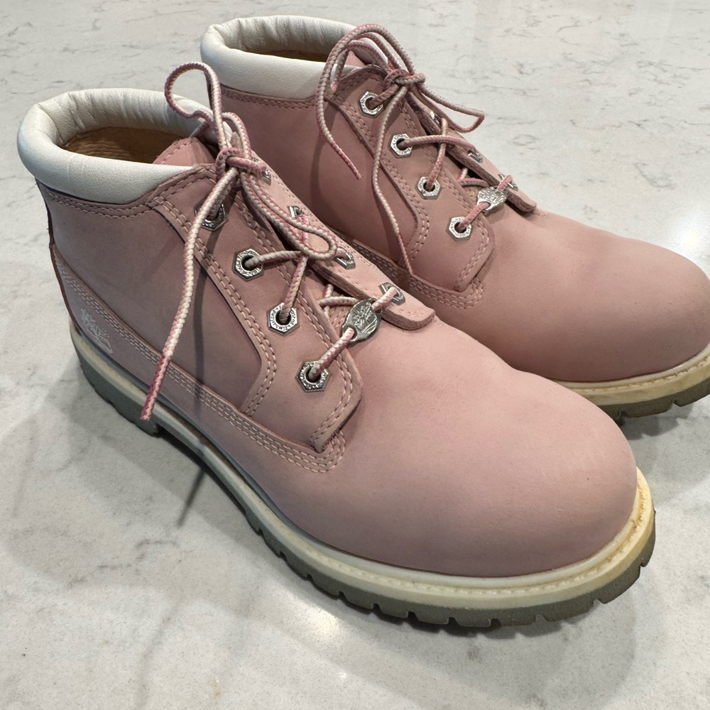 Timberland Pink and White Combat/ hiking boots w/ Lace-Up Design & steel toe.